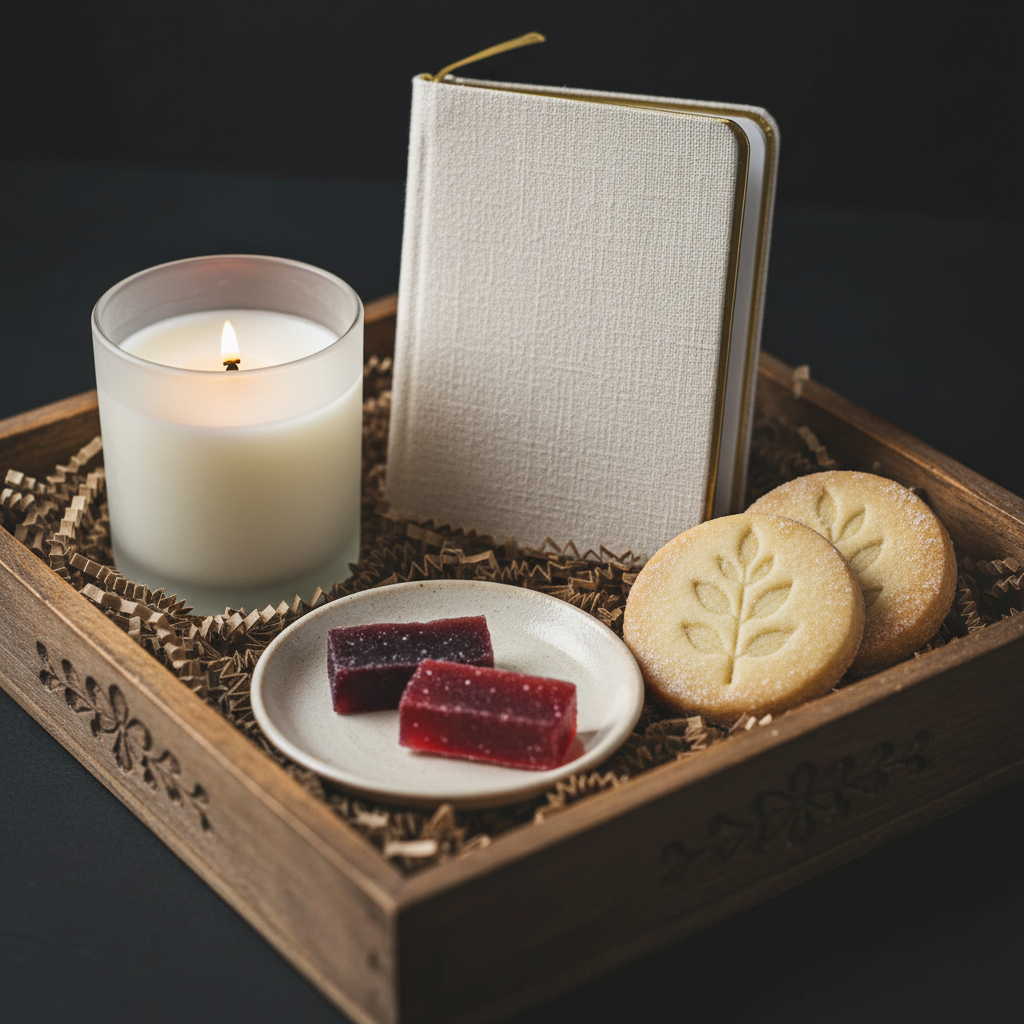 A close photographic detail of an artisan’s finished craft-and-pastry gift set arranged inside a shallow, vintage-style wooden tray. Nestled in natural shredded paper rests a small linen-bound journal with gold-edged pages, a hand-poured soy candle in a frosted glass jar, and a pair of delicately glazed shortbread cookies stamped with botanical patterns. A slender, minimalist ceramic dish holds two jewel-like pâte de fruits in muted berry tones. Soft, diffused top lighting enhances the interplay of matte and glossy surfaces, while the dark, out-of-focus background keeps attention on the tray. Captured from a slightly elevated three-quarter angle, the mood is intimate, luxurious, and thoughtfully curated.