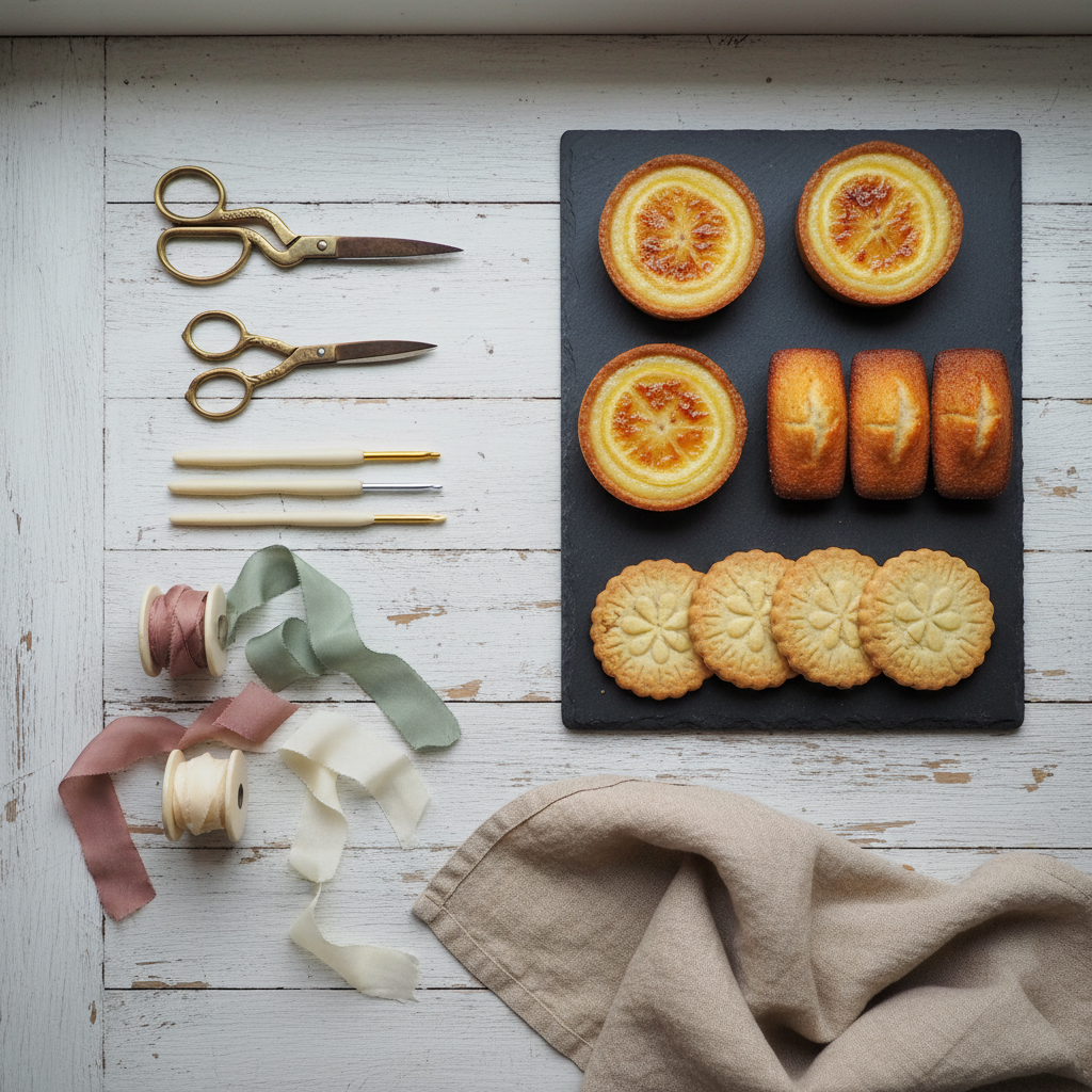 An overhead photographic view of a vintage-inspired crafting and pastry workstation on a pale, distressed wooden surface. On one side, a neat array of tools: brass-handled scissors, ivory crochet hooks, and spools of muted silk ribbon. On the other, a slate board presents delicate lemon tarts with brûléed tops, almond financiers, and buttery stamped cookies, each with subtle imperfections that emphasize their handmade nature. A folded linen tea towel in warm beige anchors the composition. Diffused overcast window light creates soft, shadowless illumination, enhancing textures without harsh contrast. The mood is serene, precise, and elegantly understated, with a balanced flat-lay composition that feels curated yet authentic.