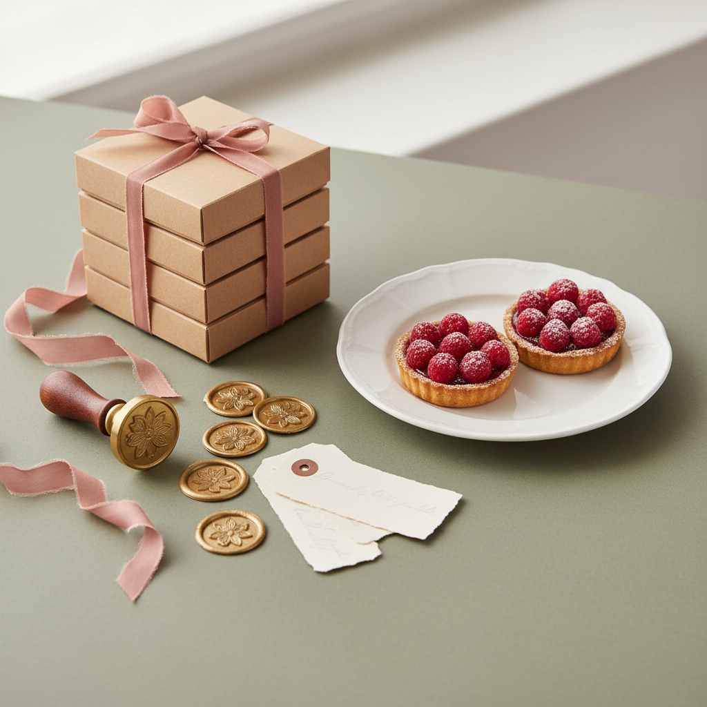 A meticulously styled vignette of a vintage craft and pastry packaging station on a muted sage-green tabletop. A stack of kraft pastry boxes is tied with thin, dusty-rose silk ribbons, while beside them lie embossed wax seals, a brass stamp, and hand-cut tags with deckled edges. A porcelain plate holds two delicate raspberry tartlets with glossy fruit and flaky crusts, waiting to be boxed. Soft studio lighting mimics natural daylight, evenly illuminating the scene and bringing out the subtle fibers of the paper and the crumb of the pastry. The composition is asymmetrical but balanced, with negative space on one side for breathing room, giving a calm, elevated, and bespoke brand feel.