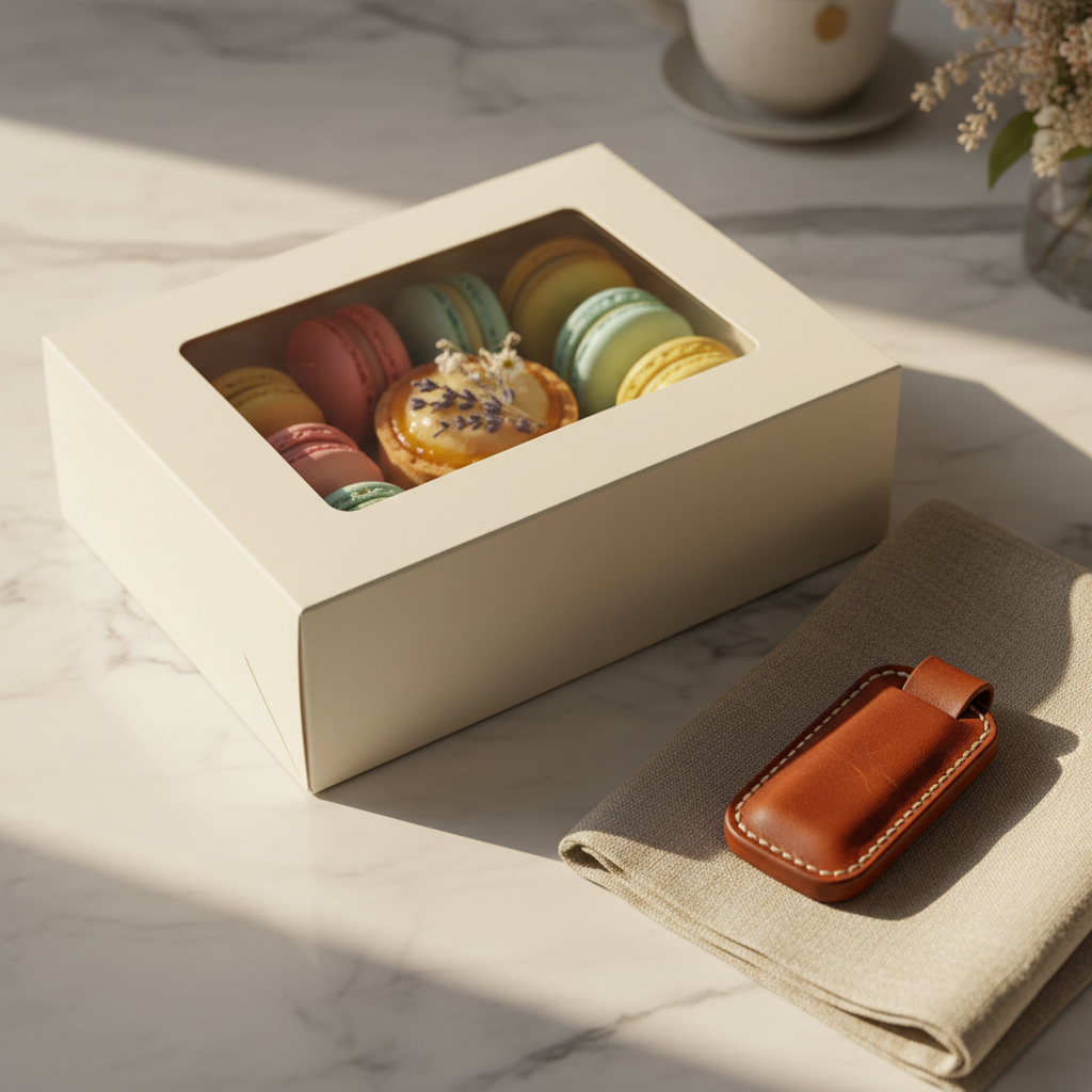 A close-up photographic shot of a single beautifully crafted pastry box set beside a small handmade gift item on a marble countertop. The box is matte cream with a translucent vellum window revealing carefully arranged pastel macarons and a petite dried-flower-topped tart. Next to it rests a hand-stitched leather key fob on a folded piece of natural linen, its edges burnished and thread work impeccable. Warm, indirect afternoon light from the side creates delicate shadows that highlight the textures of leather, paper, and pastry. The composition follows the rule of thirds, with a shallow depth of field that softly blurs the background, conveying a luxurious, sophisticated gifting experience.
