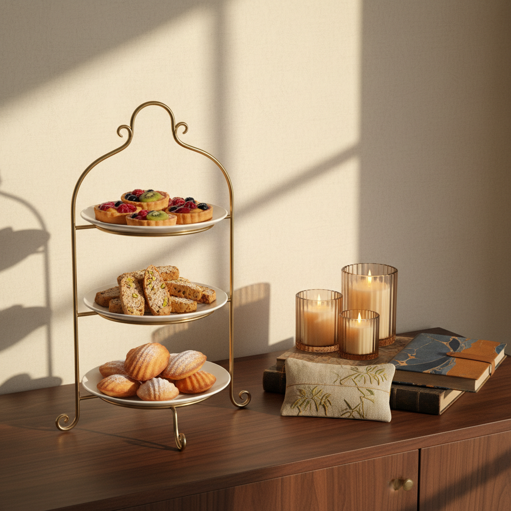 A refined dessert and craft display styled on a dark walnut sideboard against a softly textured, neutral wall. On the left, a tiered brass stand showcases jewel-like fruit galettes, pistachio-studded biscotti, and sugar-dusted madeleines. On the right, a grouping of vintage-inspired handmade candles in ribbed glass vessels, a small embroidered linen pouch, and a hand-marbled notebook provide a complementary crafting story. Gentle golden hour light streams in from the right, creating a warm glow on metal surfaces and casting long, elegant shadows. Photographic realism with a slightly elevated angle, sharp focus throughout to emphasize every artisanal detail, evoking an atmosphere of timeless sophistication and quiet indulgence.